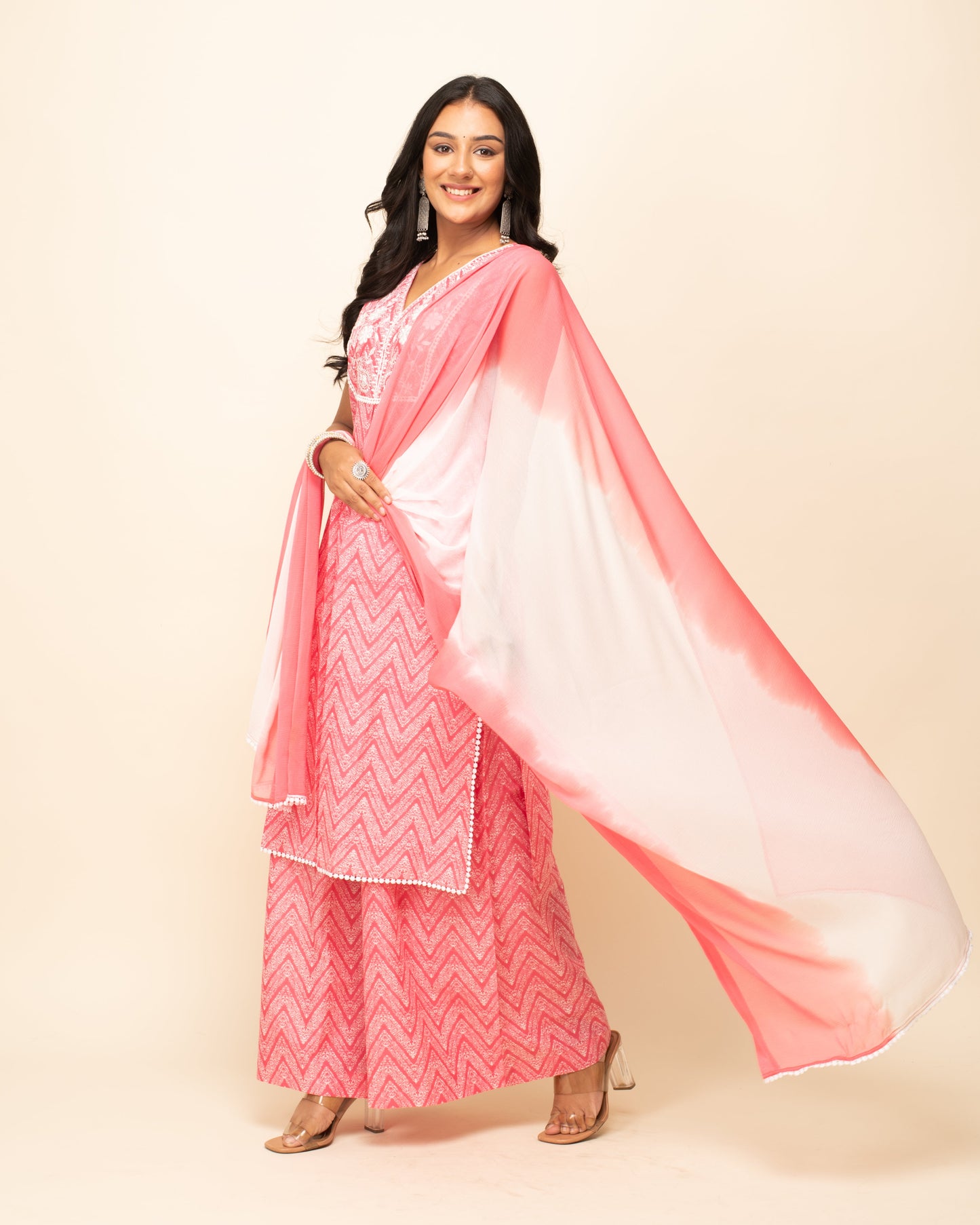 Women's Peach Cotton Straight Kurta Palazzo Set with dupatta