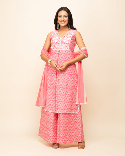Women's Peach Cotton Straight Kurta Palazzo Set with dupatta
