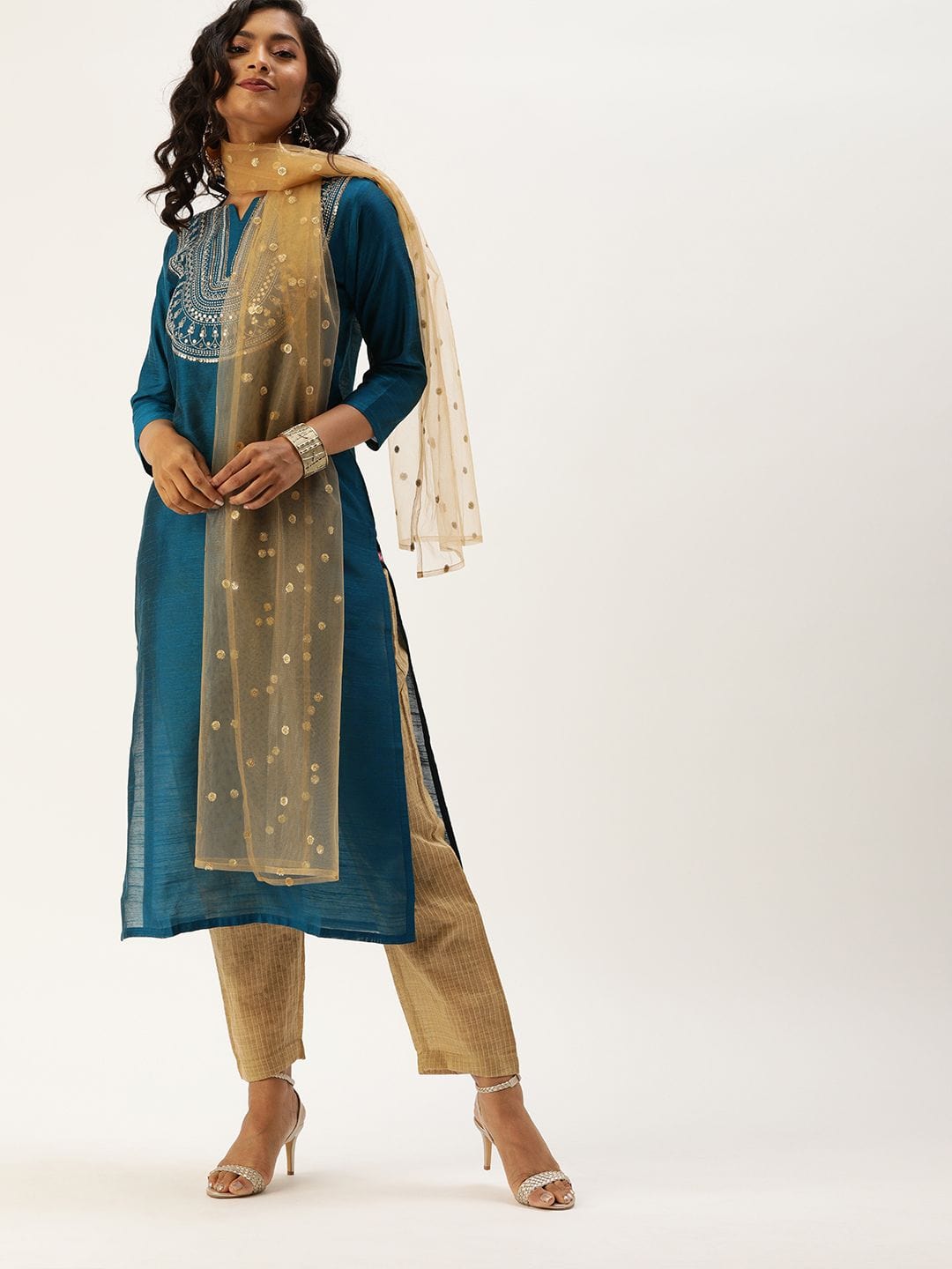 Women's Teal Blue & Beige Sequined Yoke Design Kurta With Trousers & Dupatta