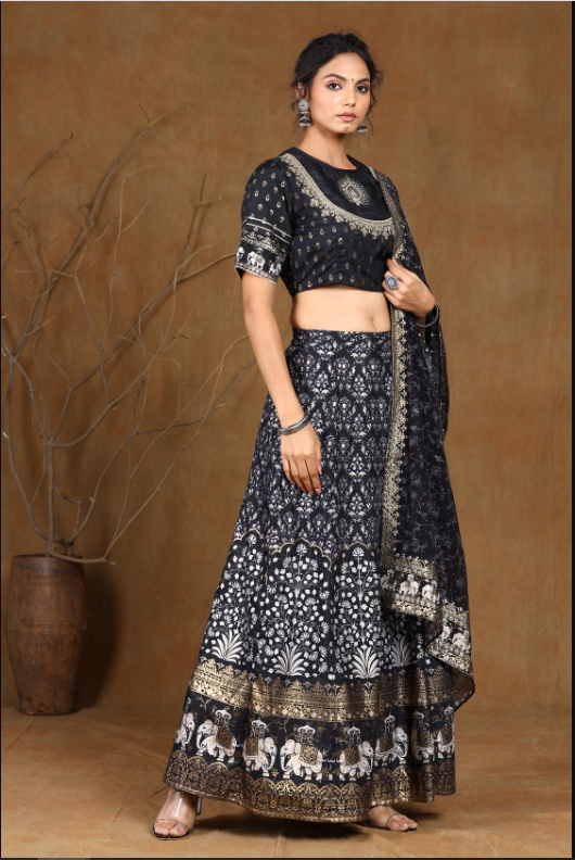 Women's Black Shantoon Embroidred Lehenga Choli Dupatta Set