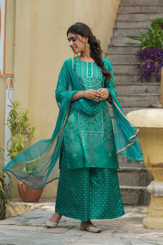 Women's Teal Satin Printed Kurta Set