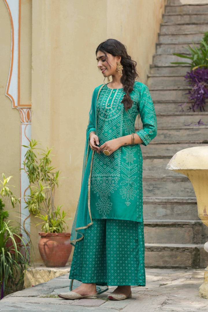 Women's Teal Satin Printed Kurta Set