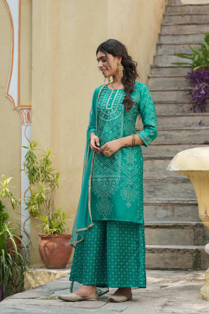 Women's Teal Satin Printed Kurta Set