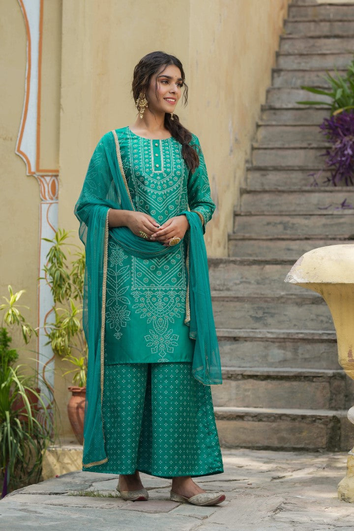 Women's Teal Satin Printed Kurta Set