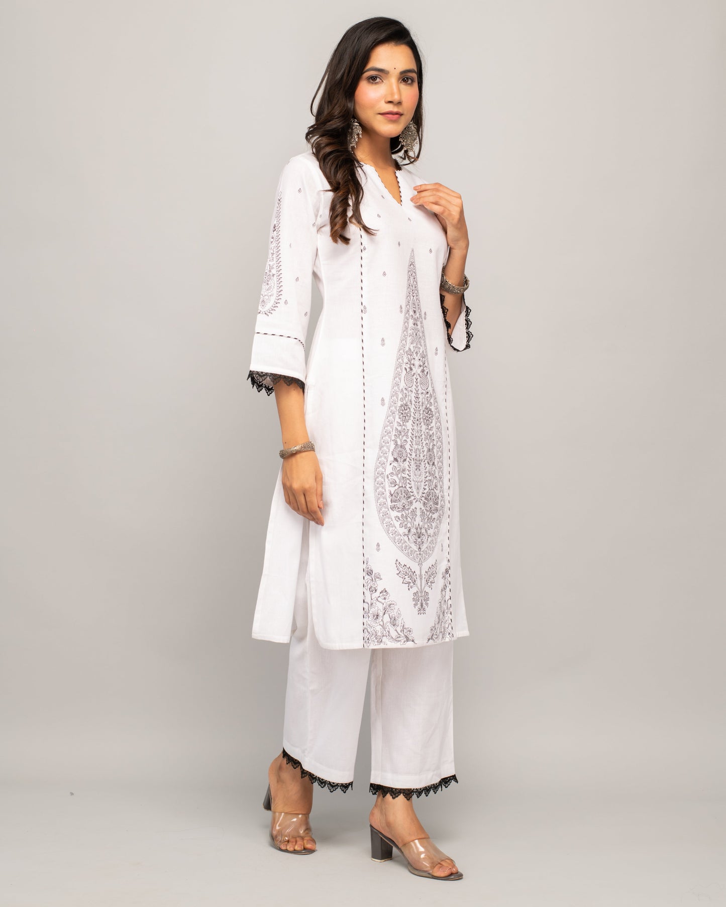 Women's White Cotton Straight Kurta Palazzo Set