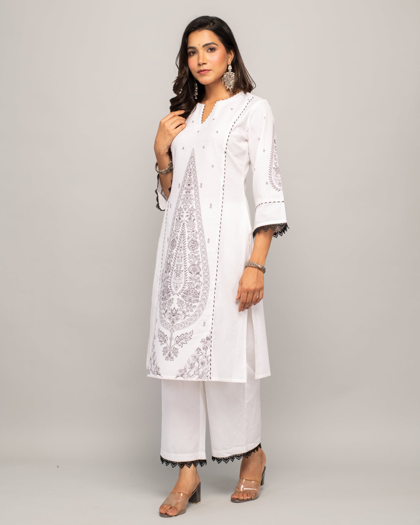 Women's White Cotton Straight Kurta Palazzo Set
