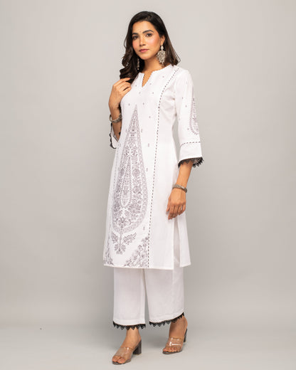 Women's White Cotton Straight Kurta Palazzo Set