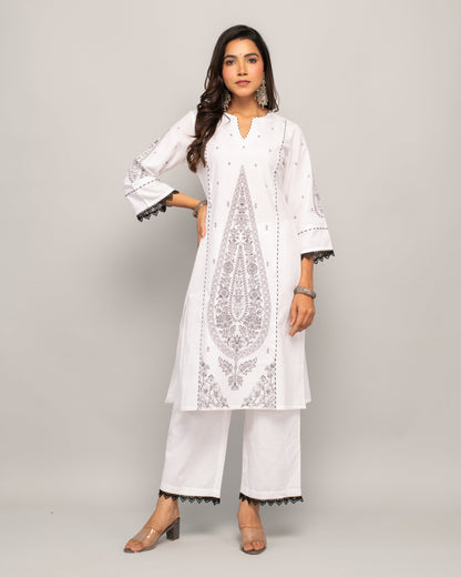 Women's White Cotton Straight Kurta Palazzo Set