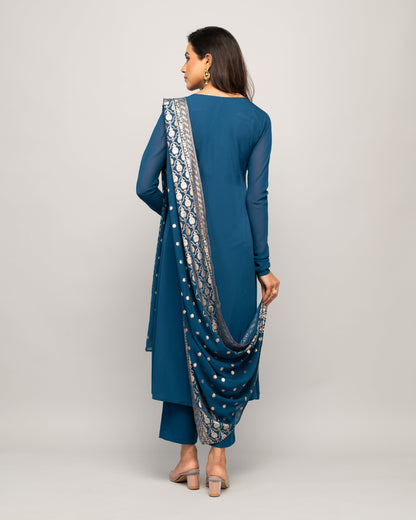Women's Teal Blue Creap A-Line Kurta Pant With dupatta