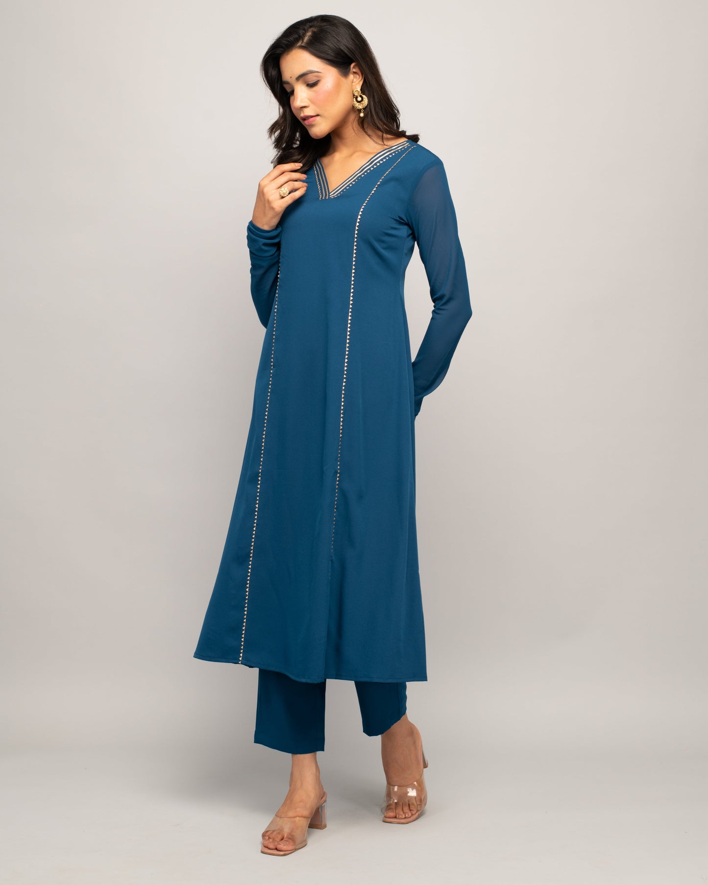 Women's Teal Blue Creap A-Line Kurta Pant With dupatta