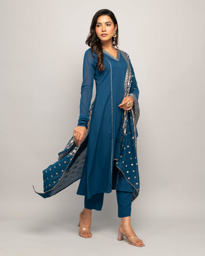 Women's Teal Blue Creap A-Line Kurta Pant With dupatta