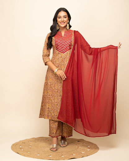 Women's Brown Cotton A-Line Kurta Pant With dupatta