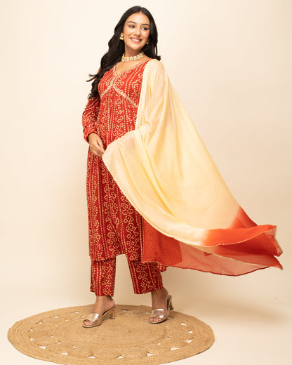 Women's Red Cotton A-Line Kurta Pant With dupatta
