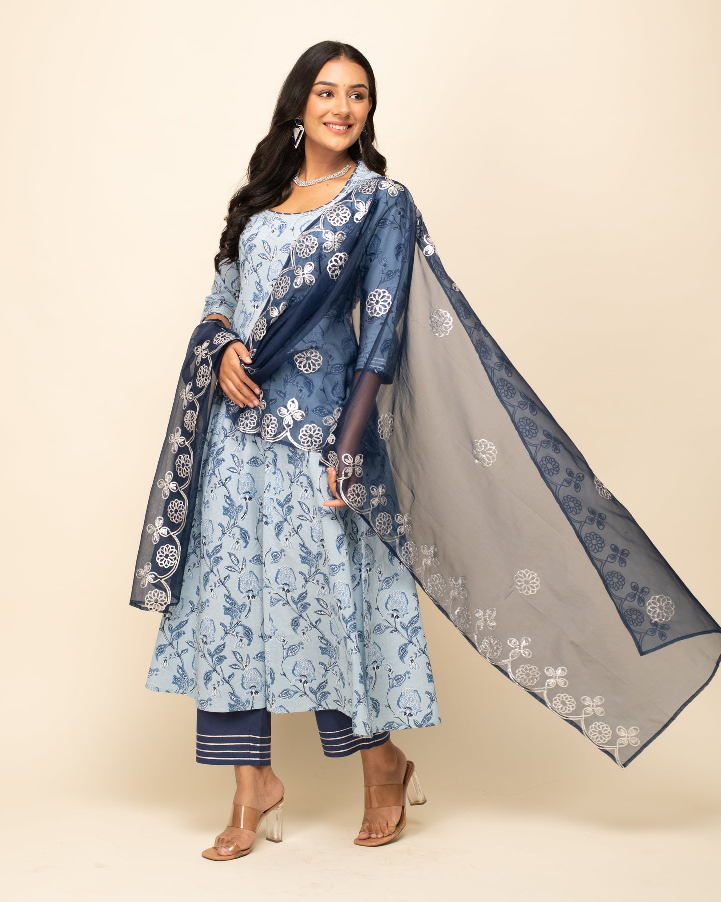 Women's Light Blue Cotton A-Line Kurta Pant With dupatta
