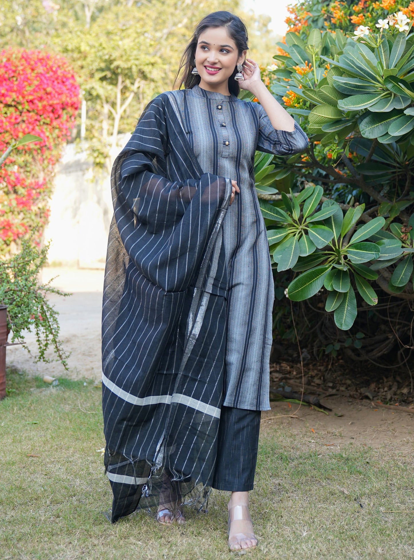 Women's Printed Straight Cotton Blend Black Stitched Kurta Pant With Dupatta