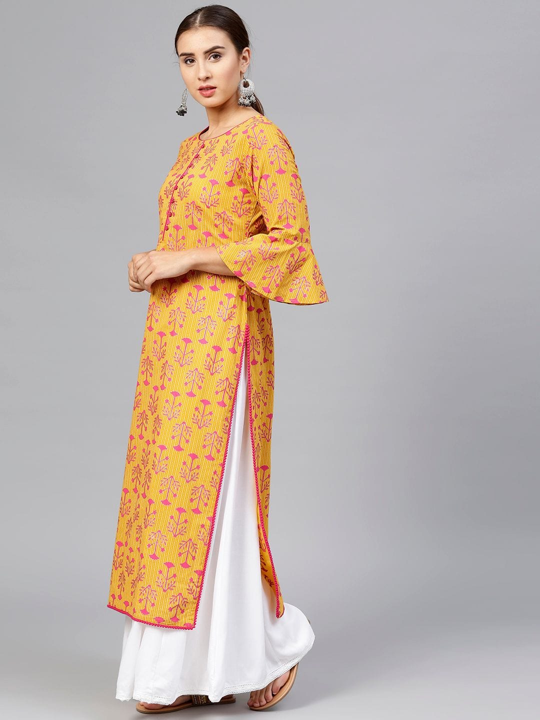 Women's Mustard Yellow & Magenta Printed Straight Kurta