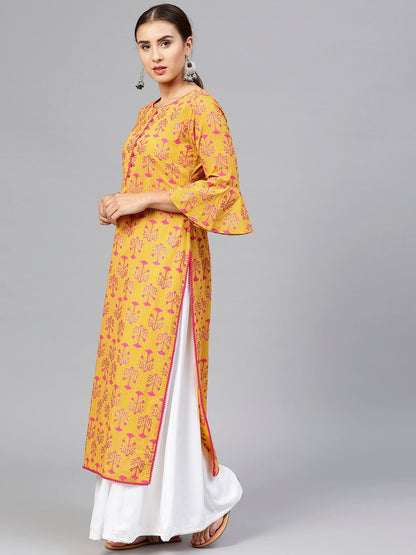 Women's Mustard Yellow & Magenta Printed Straight Kurta