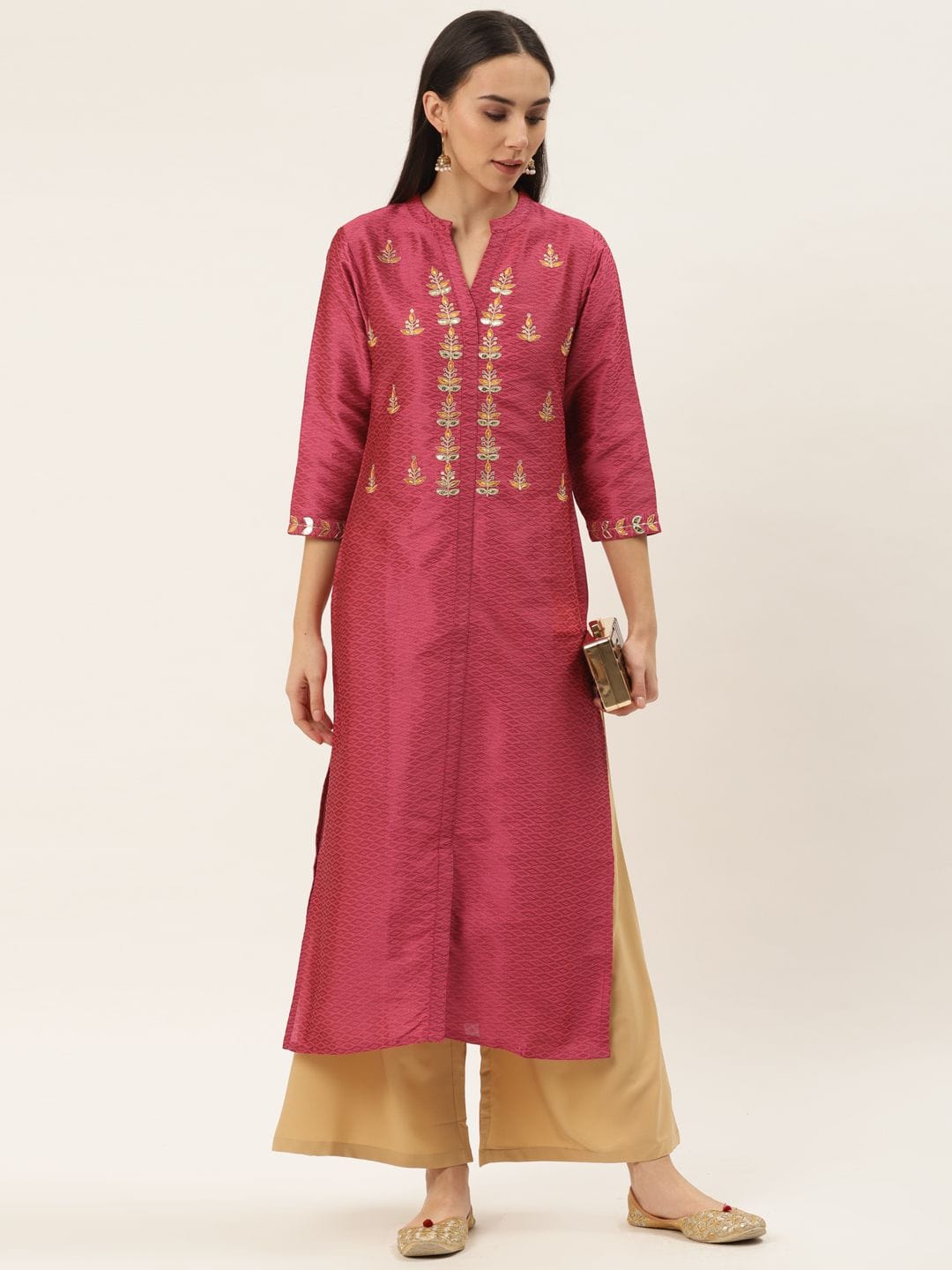 Women's Coral Pink Embroidered Straight Kurta