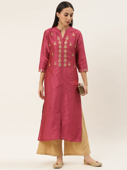 Women's Coral Pink Embroidered Straight Kurta