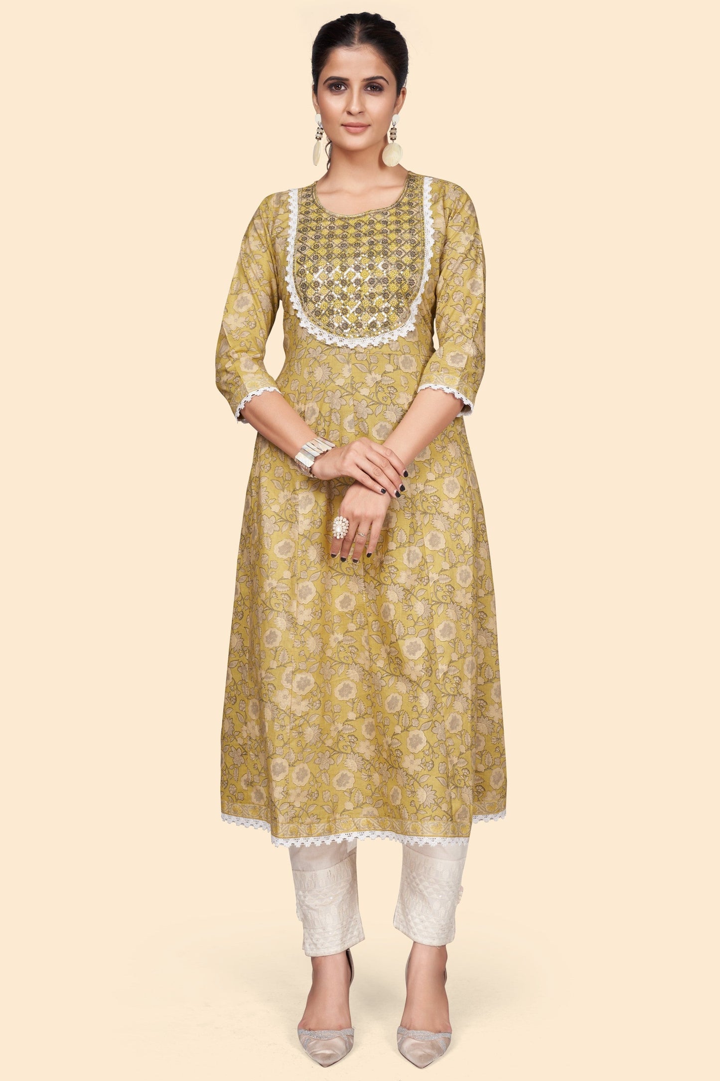 Women's Print & Embroidered A-Line Cotton Yellow Stitched Kurta