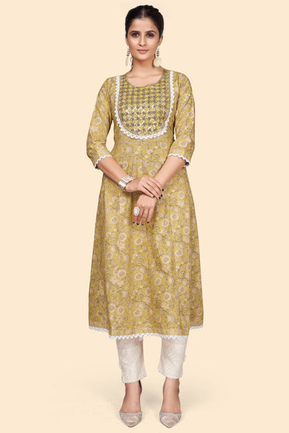 Women's Print & Embroidered A-Line Cotton Yellow Stitched Kurta