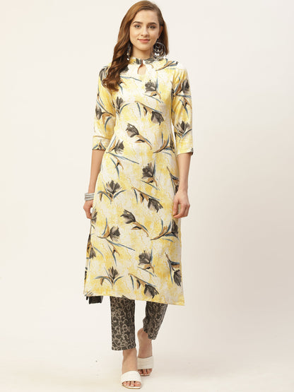 Women's Yellow Color Rayon Blend Straight Foil Printed Kurta Palazzo Set
