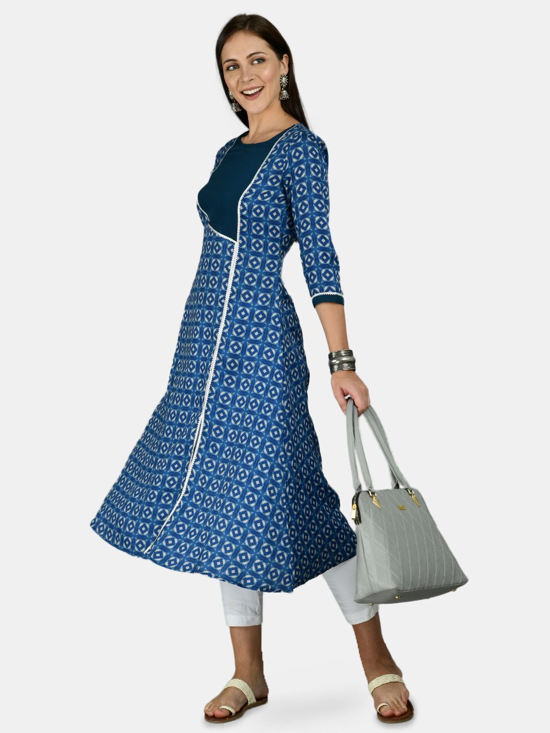 Women's Blue Cotton Printed 3/4 Sleeve Round Neck Casual kurta