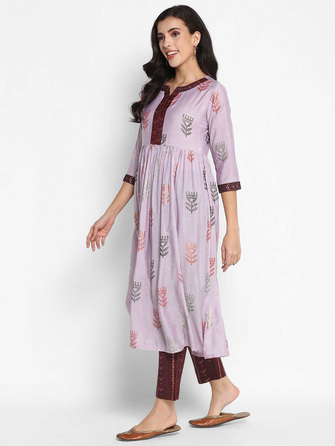 Women's Grey Color Muslin Floral A-Line Digital Printed Kurta Pant Set
