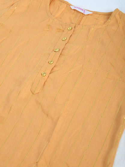 Women's Mustrd Polyester Solid 3/4 Sleeve Round Neck Casual Kurta Pant Dupatta Set
