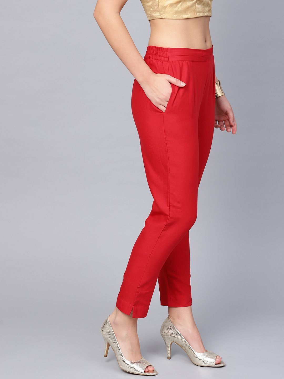Women's Red Cotton Solid Cigarette Pants