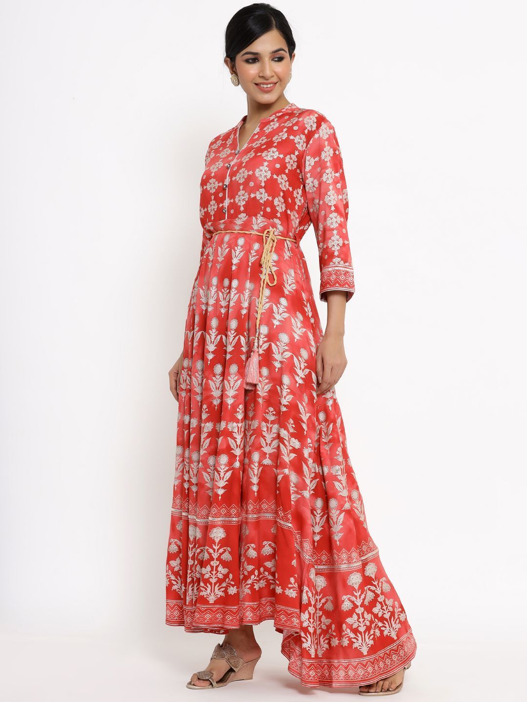 Women's Printed Flared Dress with Waist Tie-up
