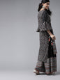 Women's Black Cambric Floral Print High-Low Kurta Palazzo Set With Mask