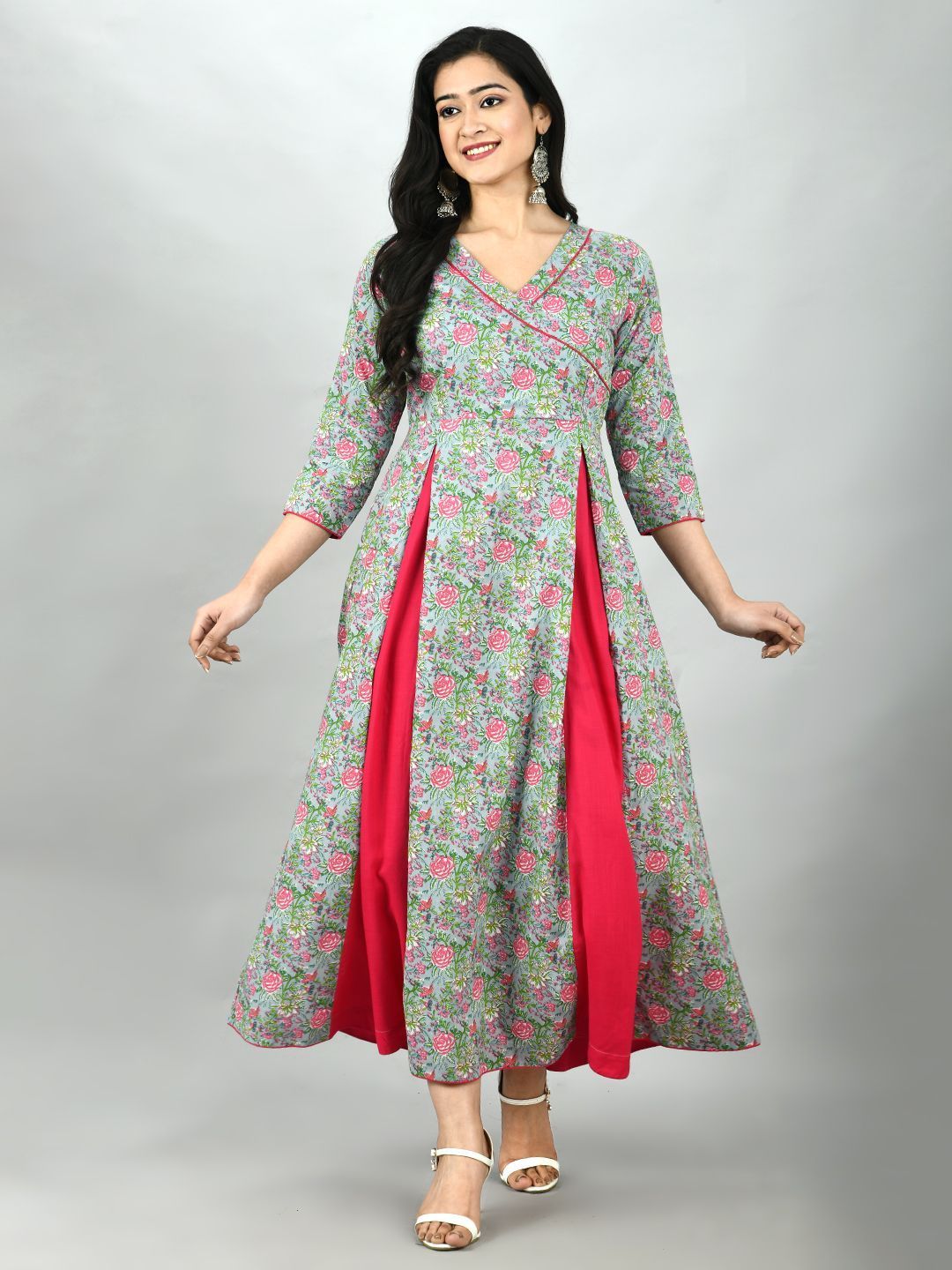Women's Multi Cotton Printed 3/4 Sleeve V Neck Casual Dress