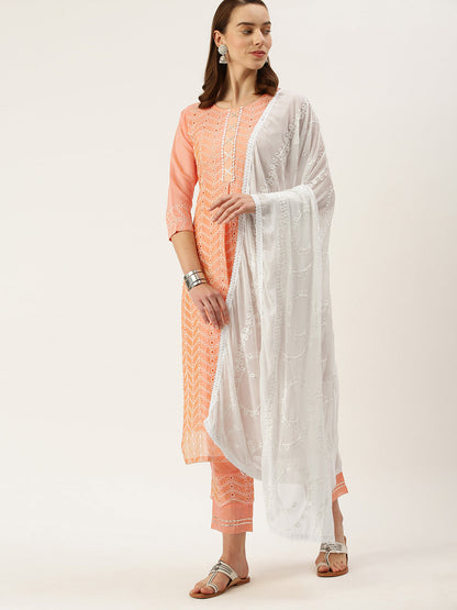 Women's Peach Color Chanderi Silk Straight Embroidered Kurta Pant With Dupatta