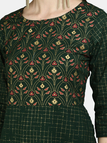 Women's Green Viscose Printed 3/4 Sleeve Round Neck Casual Dress