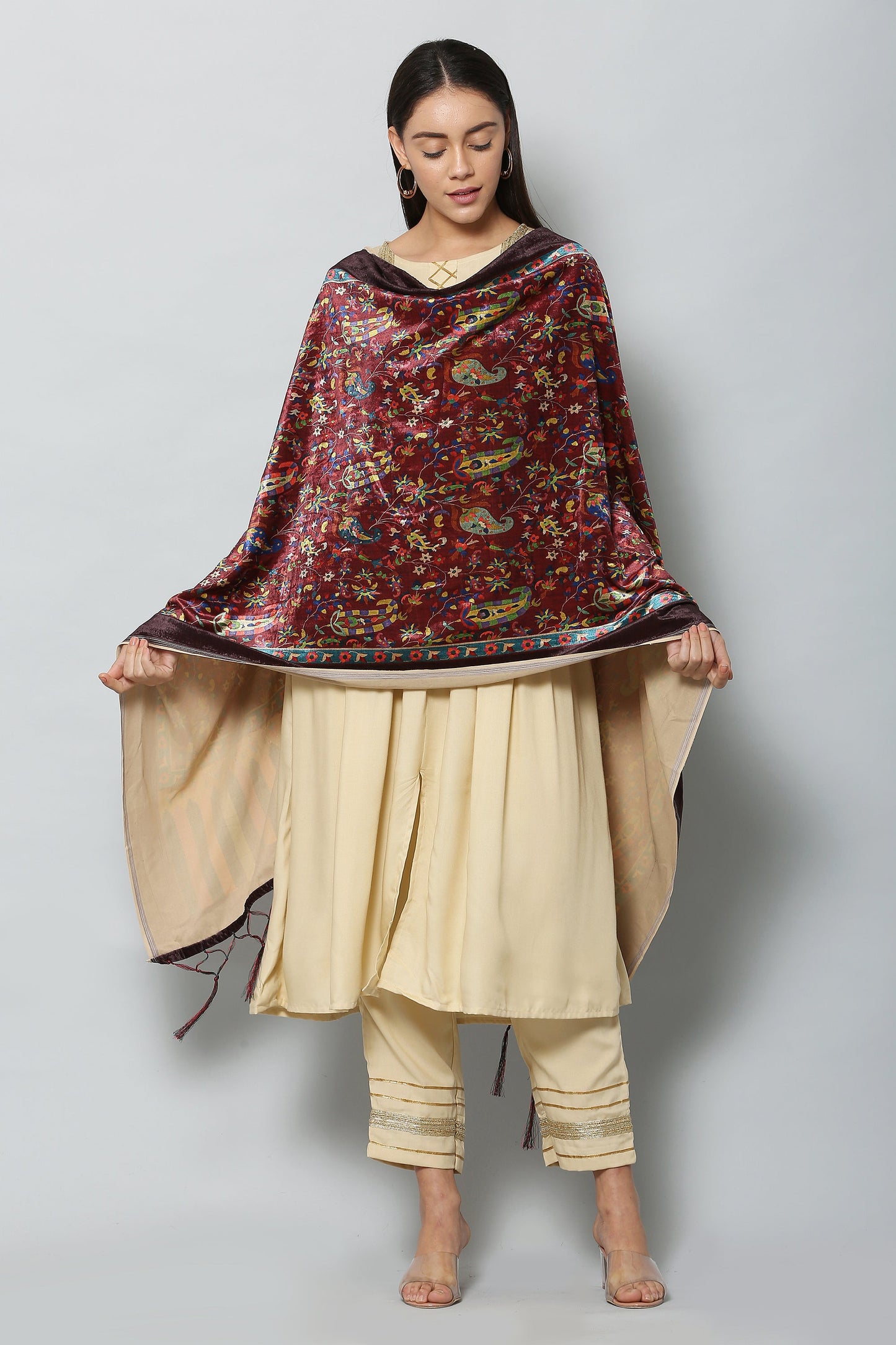 Women's Maroon Color Polyster Velvet  Digital Printed Dupatta