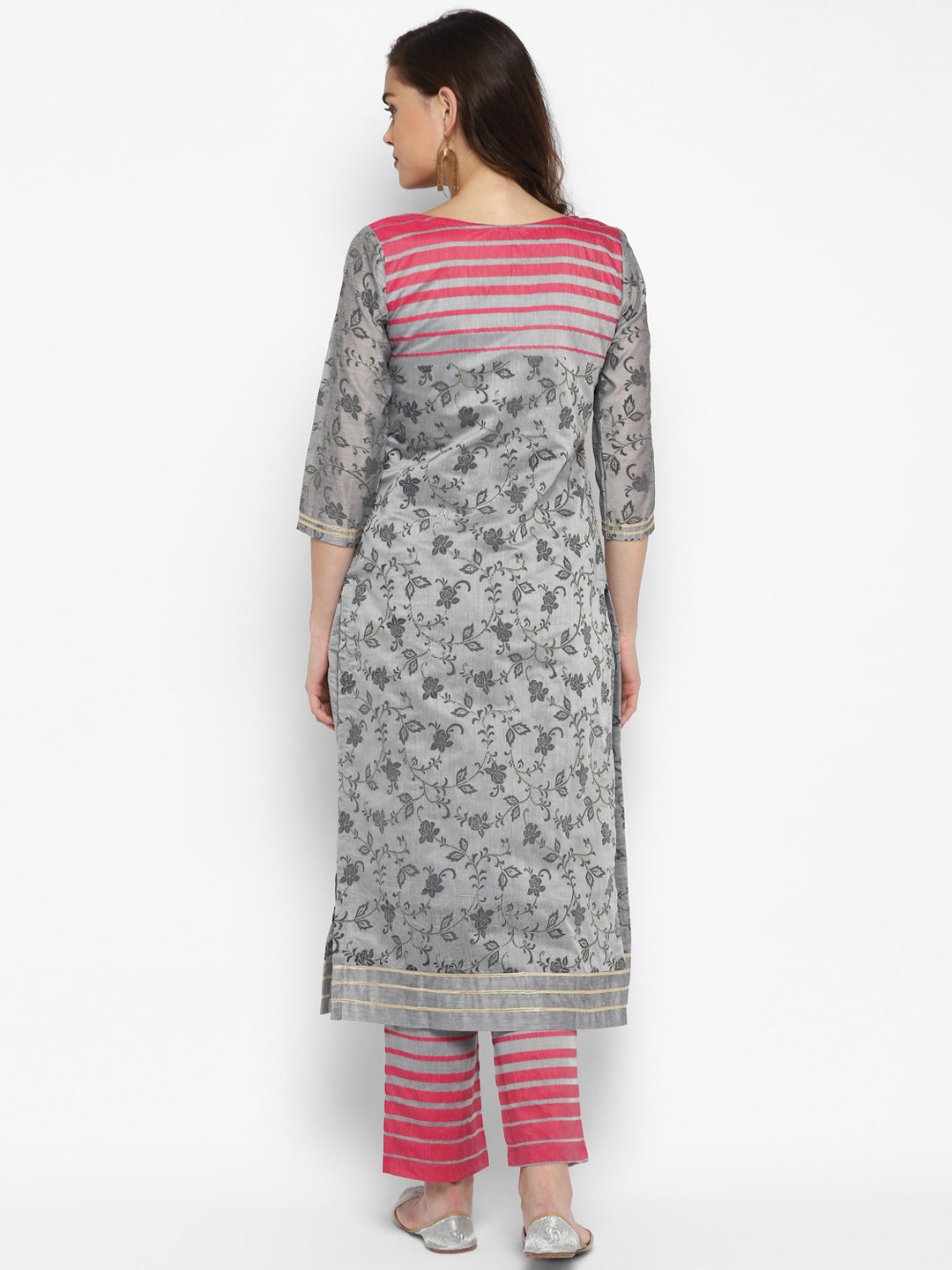 Women's Grey Color Chanderi Silk Straight Printed Kurta Pant Set