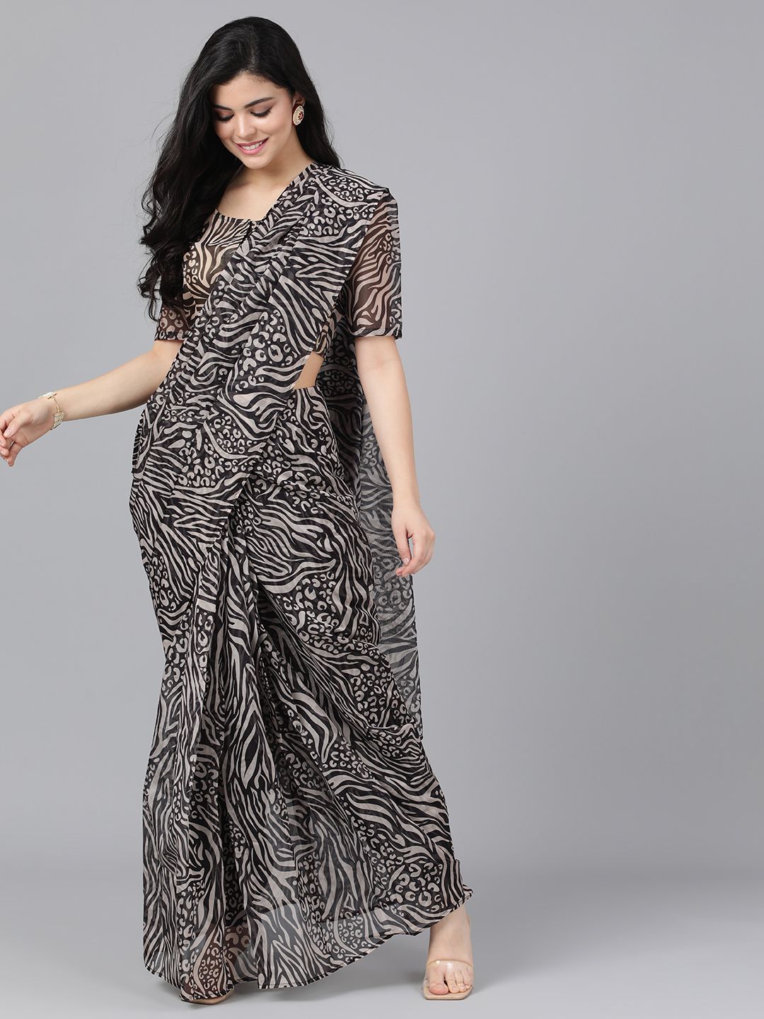 Women's Black & Beige Animal Print Saree
