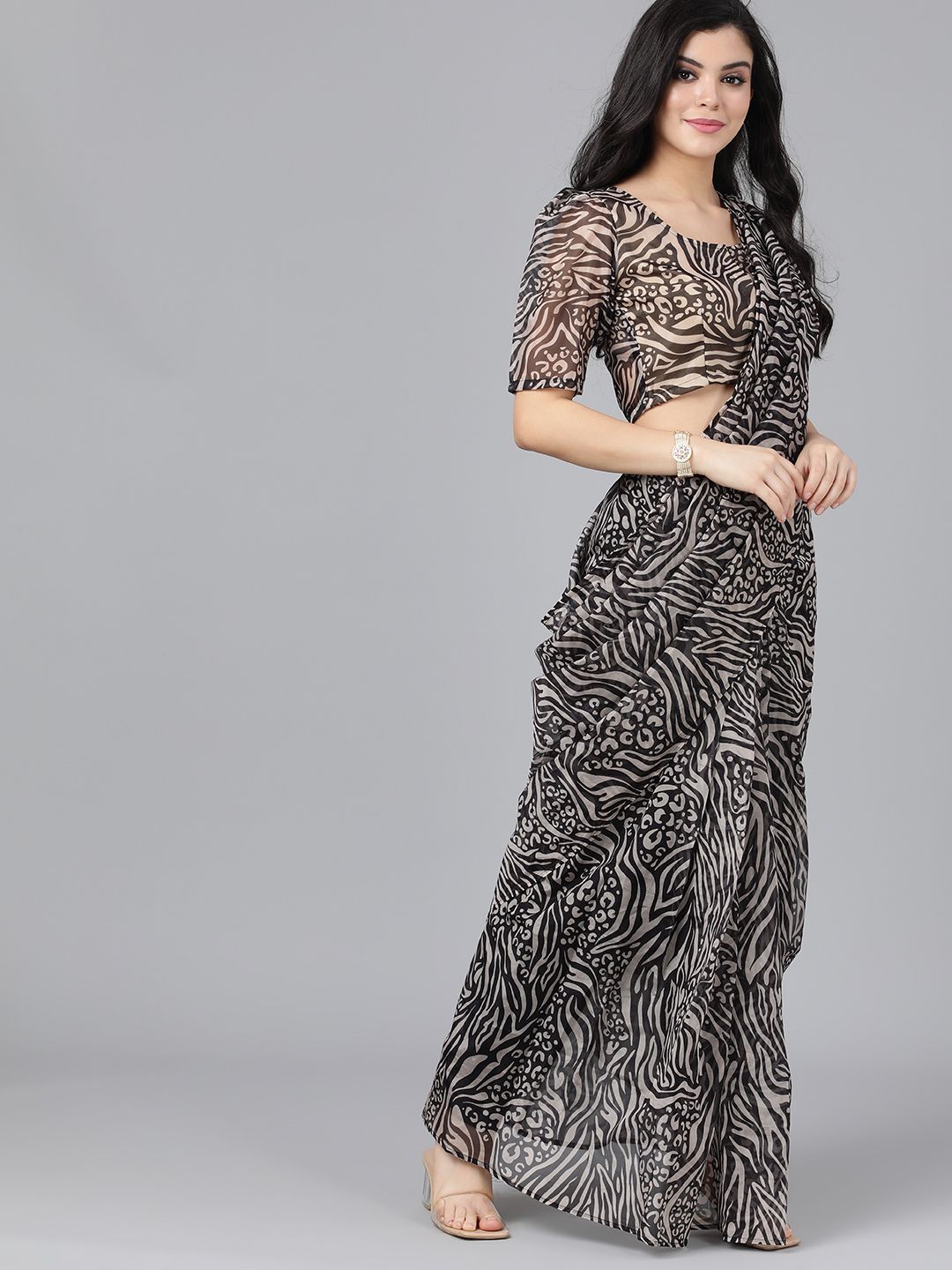 Women's Black & Beige Animal Print Saree