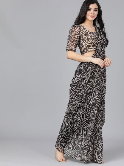 Women's Black & Beige Animal Print Saree