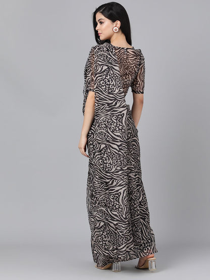 Women's Black & Beige Animal Print Saree