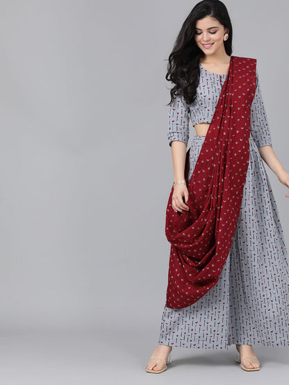 Women's Grey & Maroon Printed Palazzo Saree