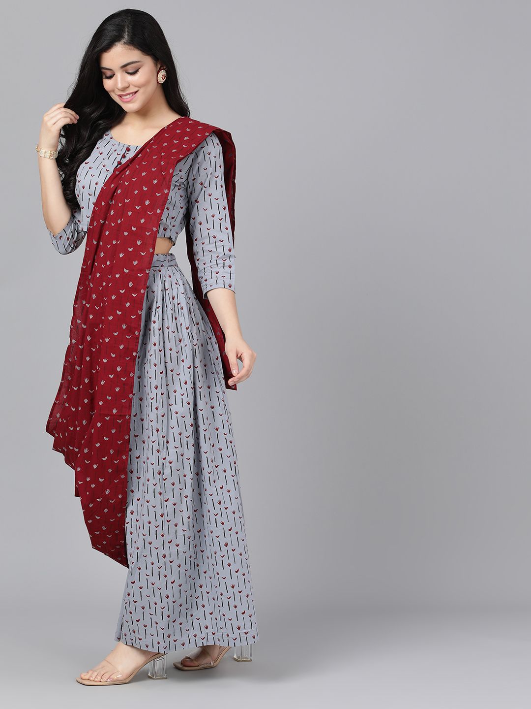 Women's Grey & Maroon Printed Palazzo Saree