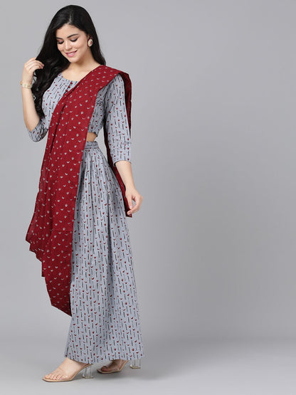 Women's Grey & Maroon Printed Palazzo Saree