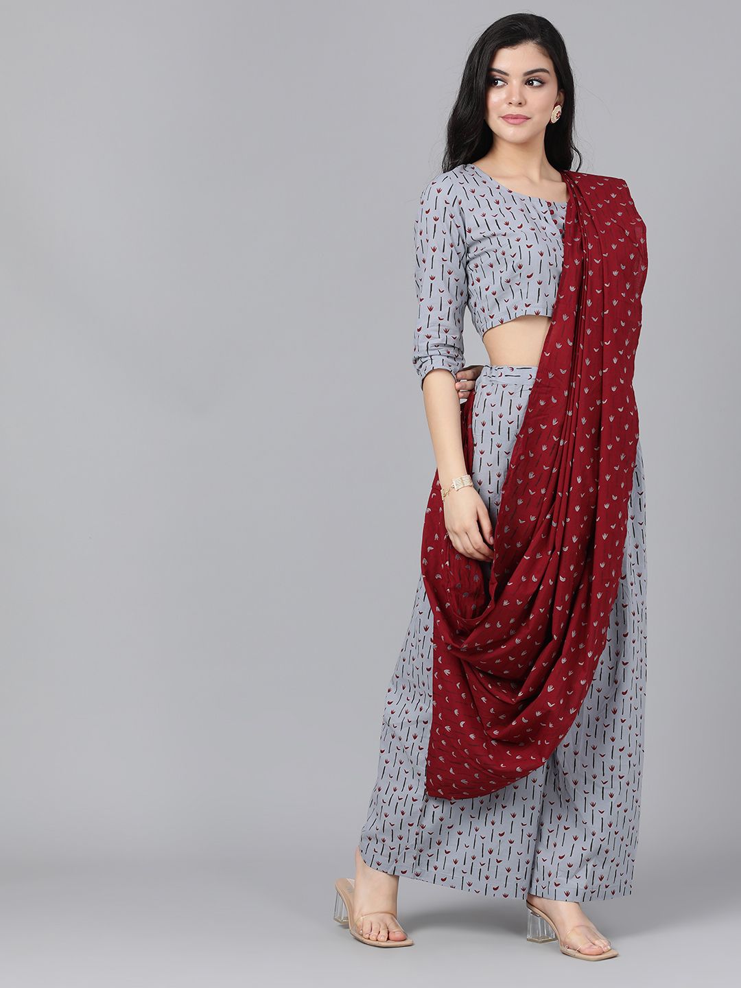 Women's Grey & Maroon Printed Palazzo Saree