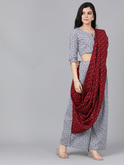 Women's Grey & Maroon Printed Palazzo Saree