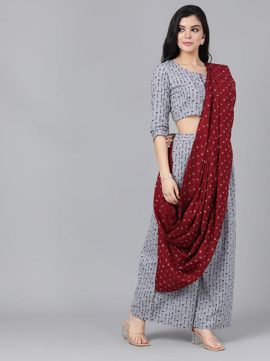 Women's Grey & Maroon Printed Palazzo Saree