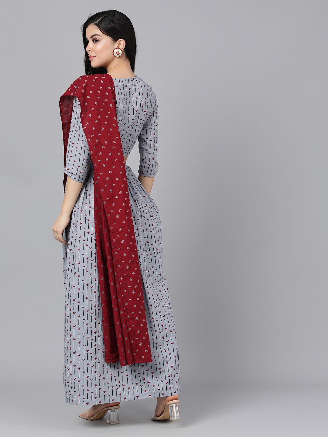 Women's Grey & Maroon Printed Palazzo Saree