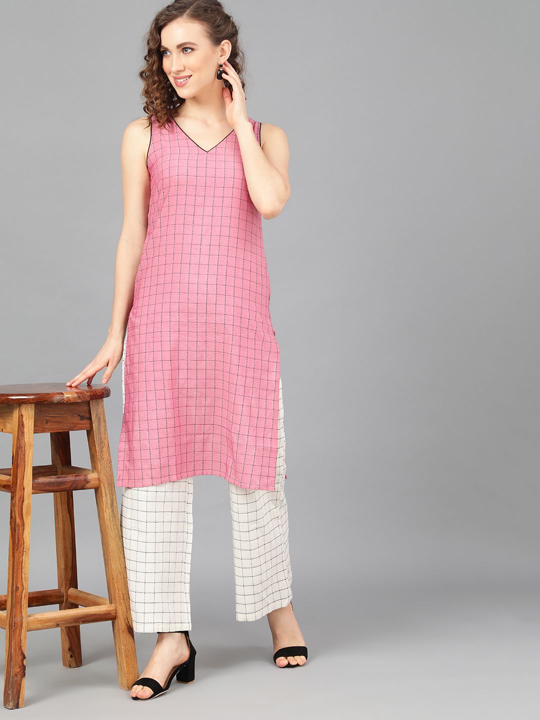 Women's Pink Woven Design Kurta With White Palazzo