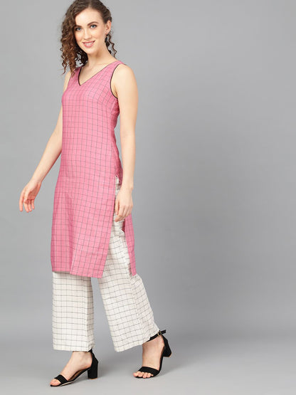 Women's Pink Woven Design Kurta With White Palazzo